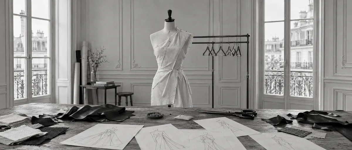Studio di creazione vuoto, in bianco e nero: un manichino da sartoria indossa una tela appuntata con spilli davanti a modanature e due alte finestre; in primo piano, un tavolo coperto di schizzi, campioni di tessuto e ritagli di pelle nera. Immagine illustrativa.