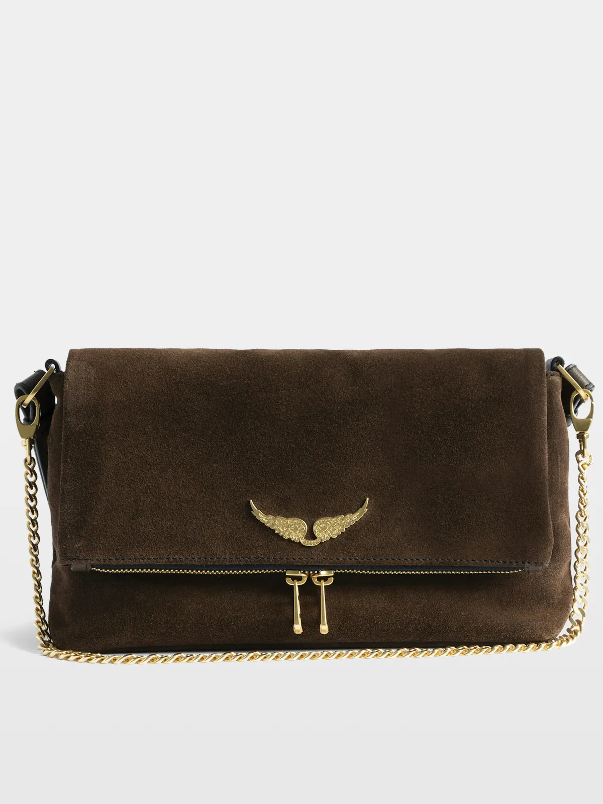 Rocky II bag in brown suede, with gold chain and wings, on a grey studio background.