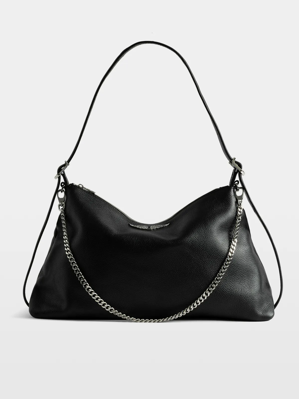 Jim bag in black grained leather with a silver chain, on a grey studio background.