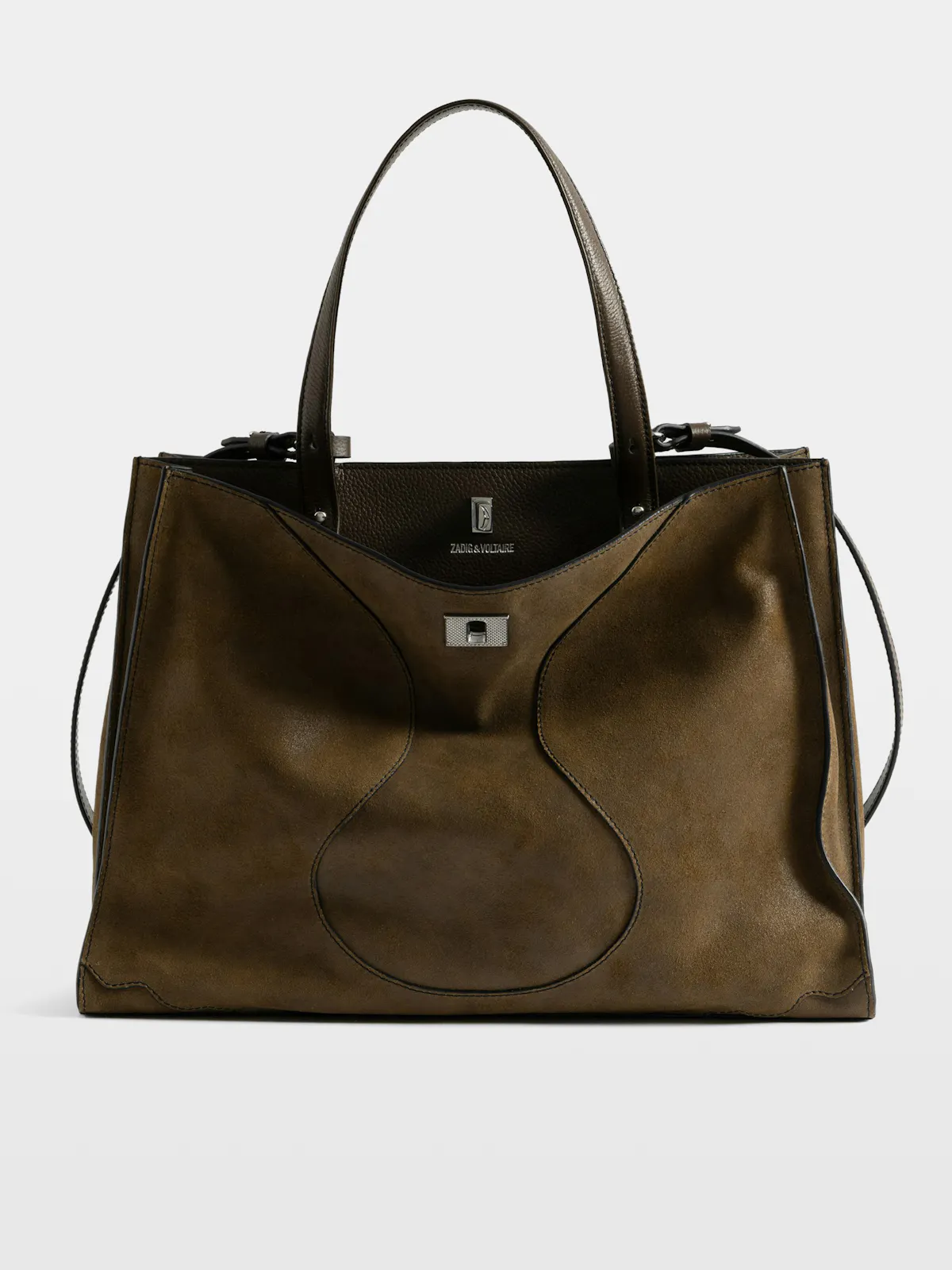 Jack bag in brown suede with a metal clasp, on a grey studio background.